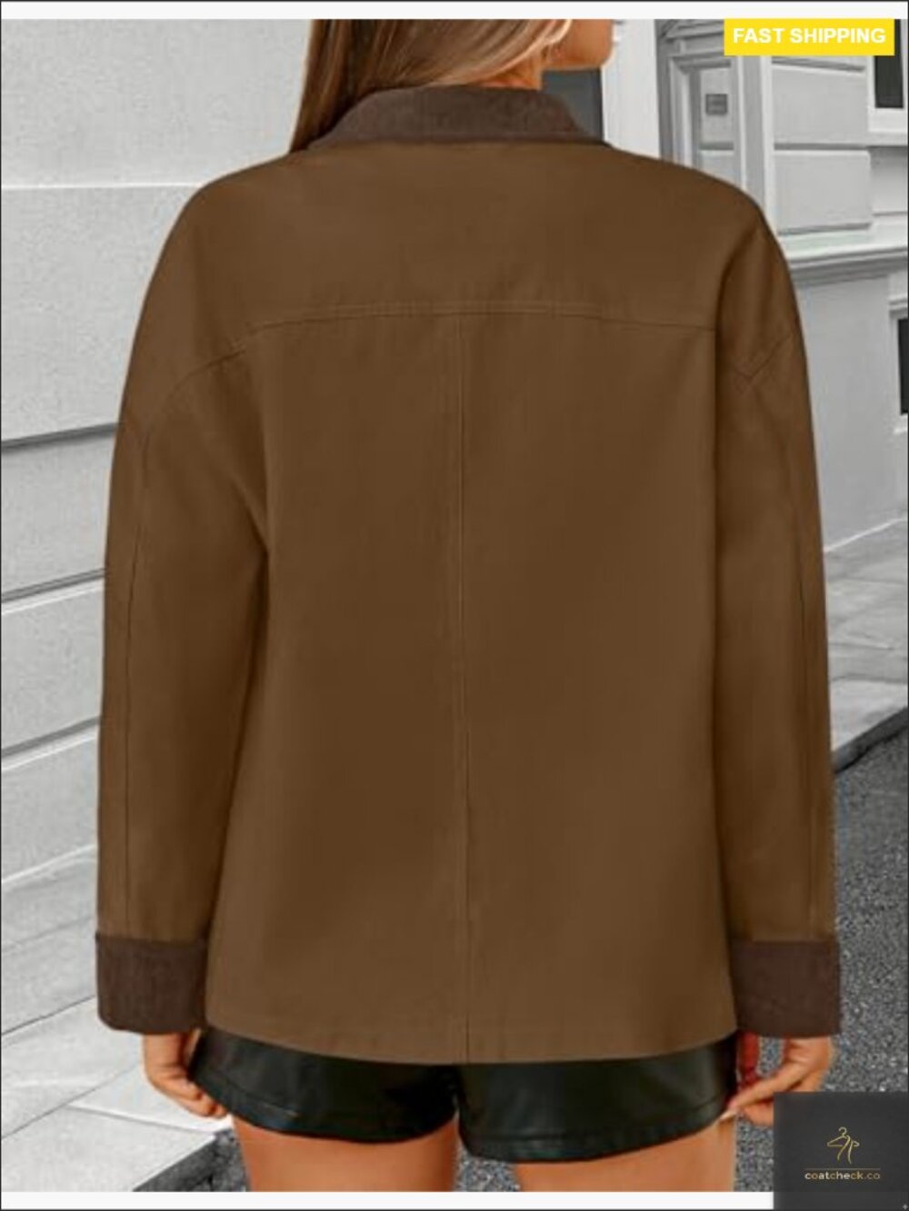 Oversized Lightweight Cotton Barn Jacket Contrast Corduroy Collar Zip Up Button - Picture 4 of 7